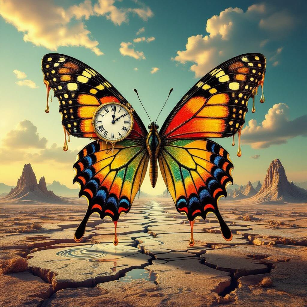 Surreal Butterfly with Melting Clock Wings in Dream Landscap...