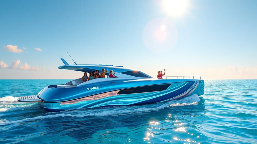 Sleek Futuristic Catamaran Sails on Serene Blue Sea with Hap...