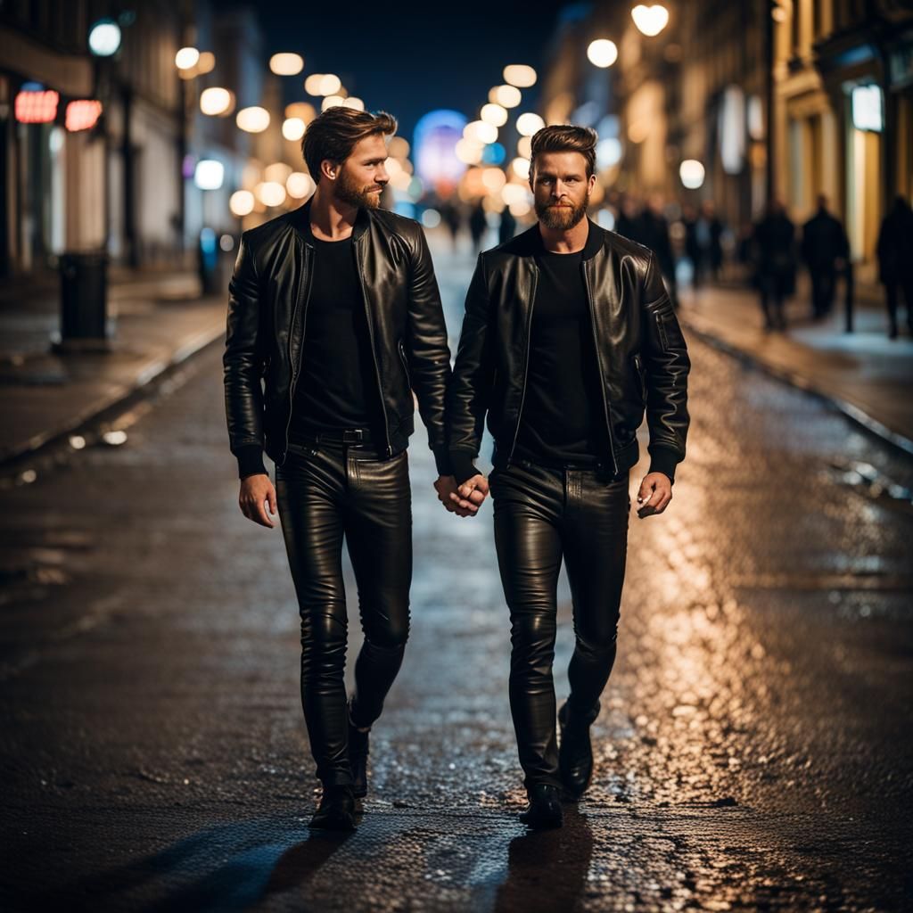 Gay Couple Walking at Night in Leather, Professional Photogr...