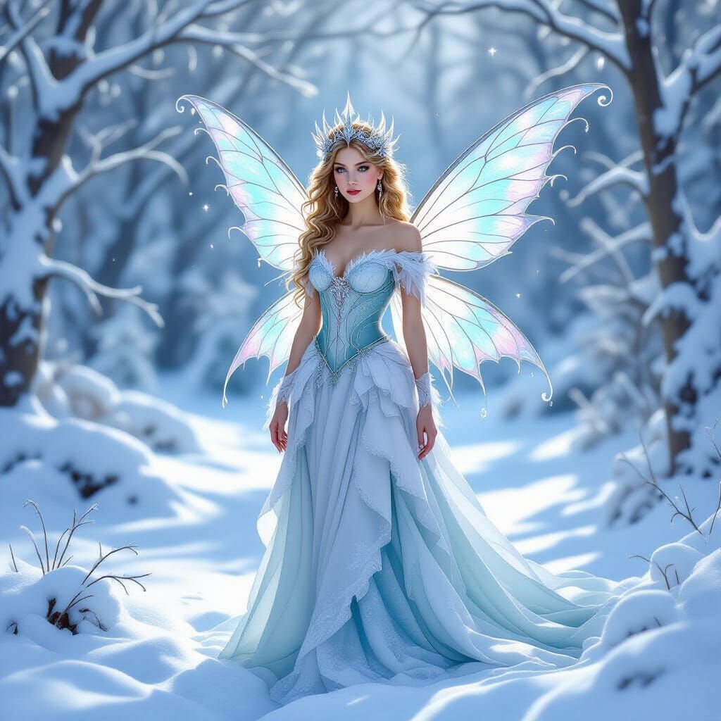 Fantasy Fairy in Winter Wonderland with Iridescent Wings