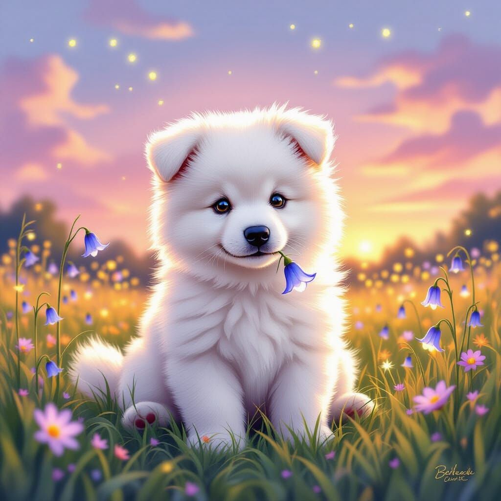 Magical Samoyed Puppy in Twilight Meadow