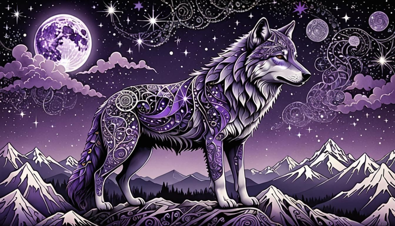 Purple Wolf Amidst Fractal Stars and Majestic Mountains