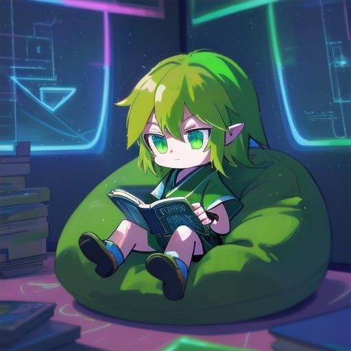 Chibi Link Relaxing in Futuristic Room