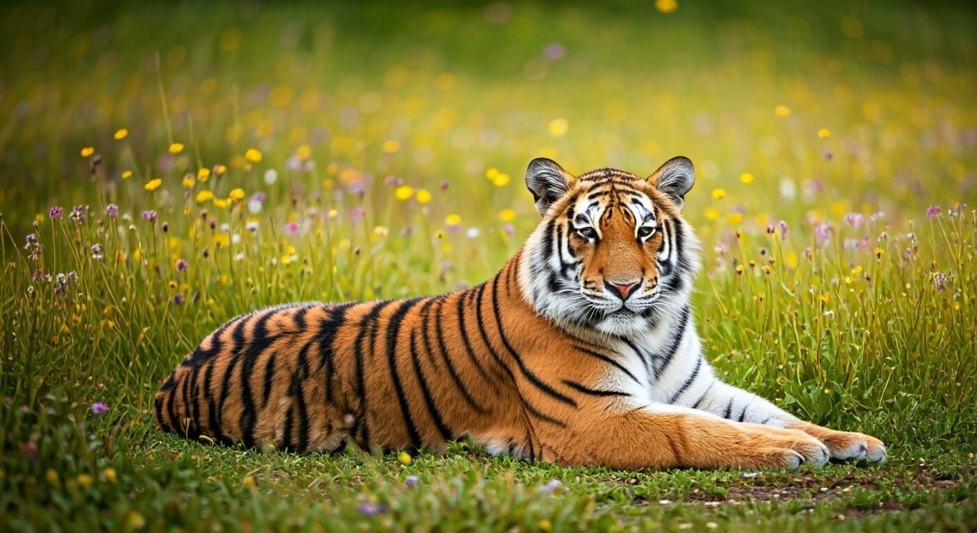 Tiger and Goat in Sunny Wildflower Meadow