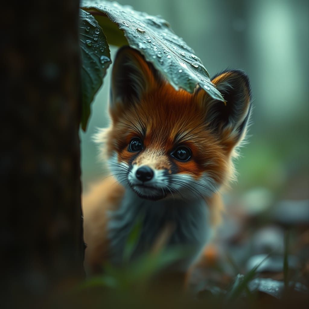 Enchanting Baby Fox Hiding in Rainy Forest