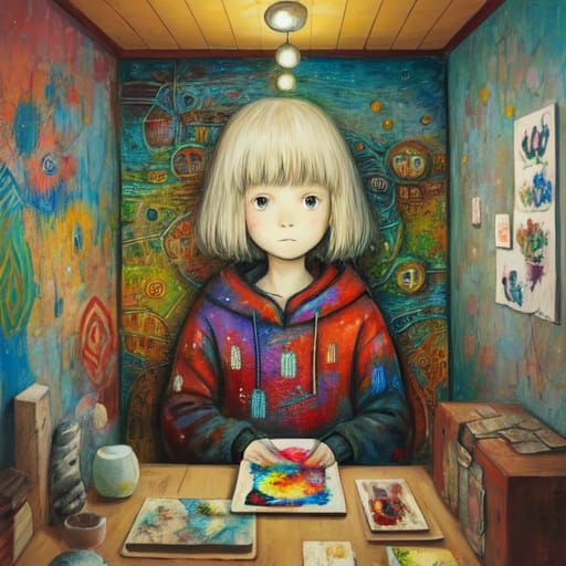 Encaustic Painting of Whimsical Figures in Textured Naive St...