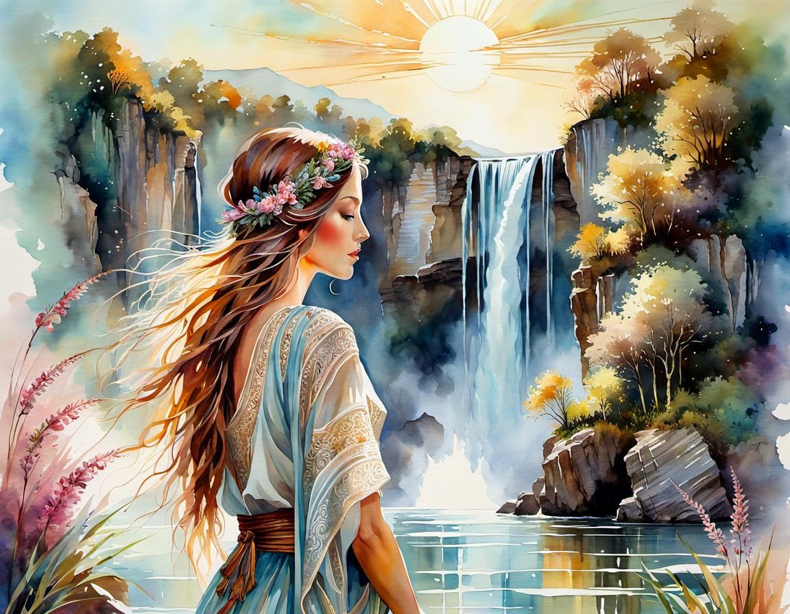 Magical Waterfall in Watercolor Art Style