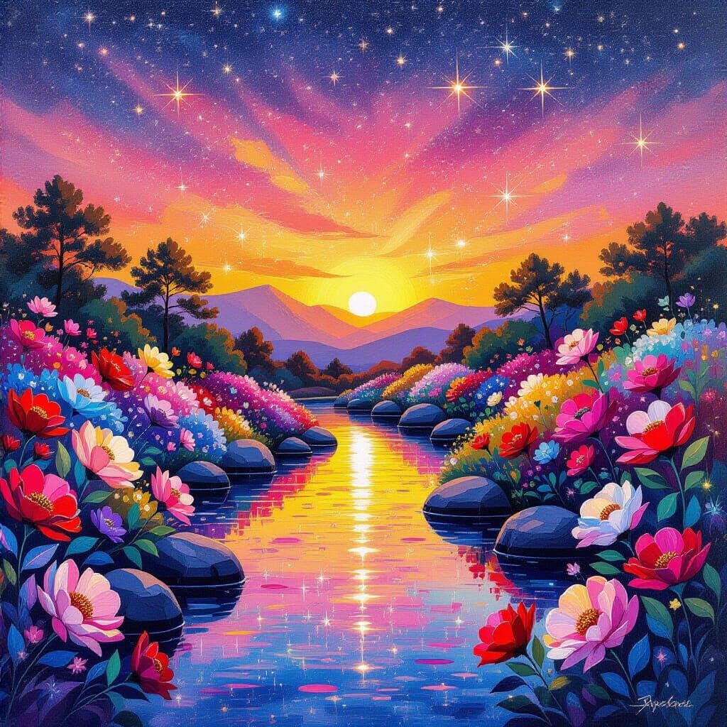 Iridescent Desert Sunset Over Cacti Mountains