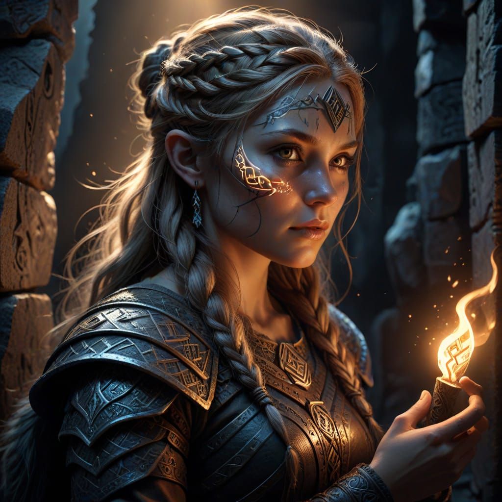 Viking Woman Studying Ancient Runes in Torchlight