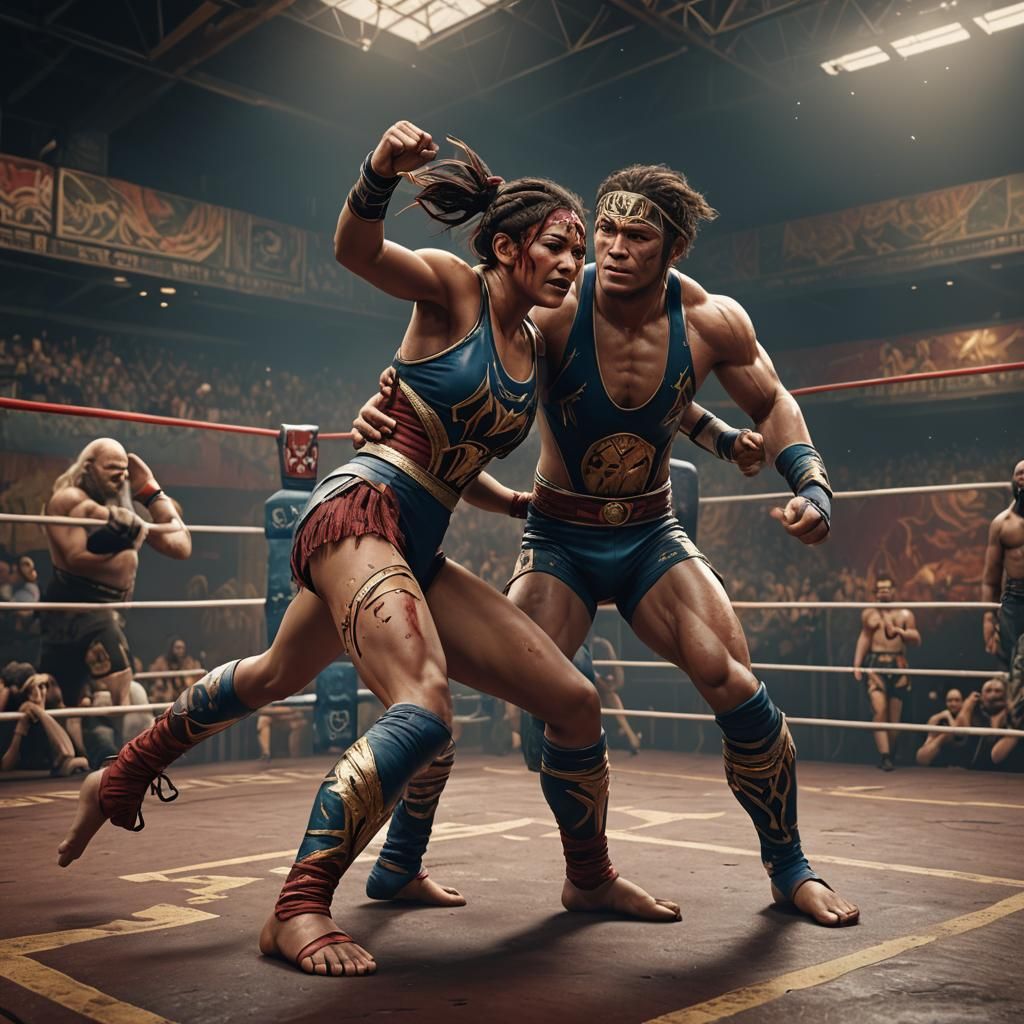 Amazonian Wrestler's Victory: Detailed Matte Painting