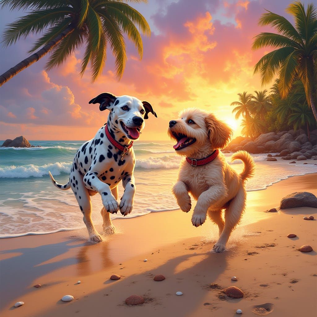 Joyful Beach Dance of Dalmatian and Cavoodle in Vibrant Suns...