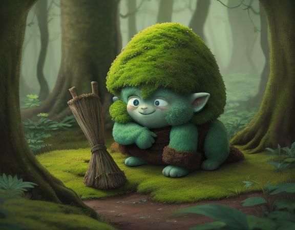 Friendly Forest Troll Sweeping Moss