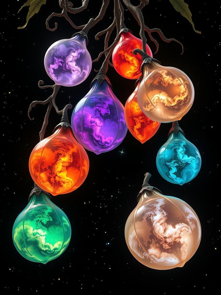 Iridescent Gourds Floating in Starry Void