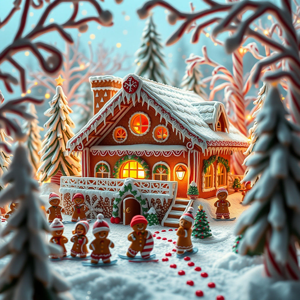 Whimsical Gingerbread Ski Lodge in a Candy Cane Forest