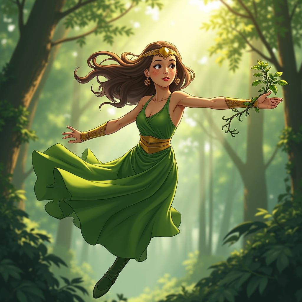Nature Goddess in Flight with Green Dress and Golden Accents