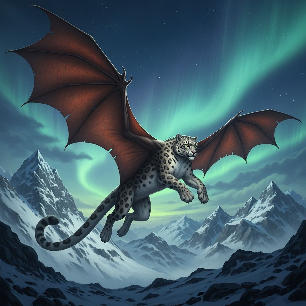Winged Snow Leopard Creature Soars in Aurora Sky