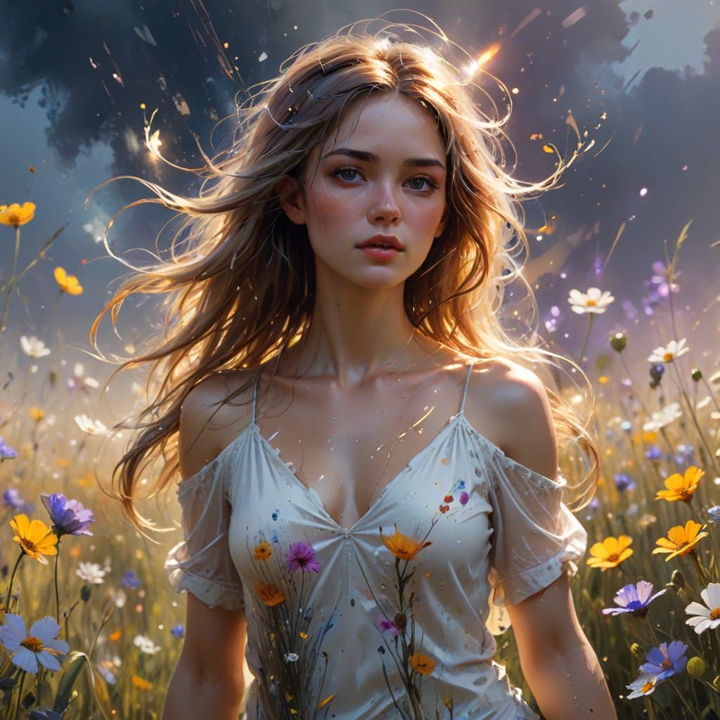 Ethereal Girl in Flower Field, Watercolor Splash Art