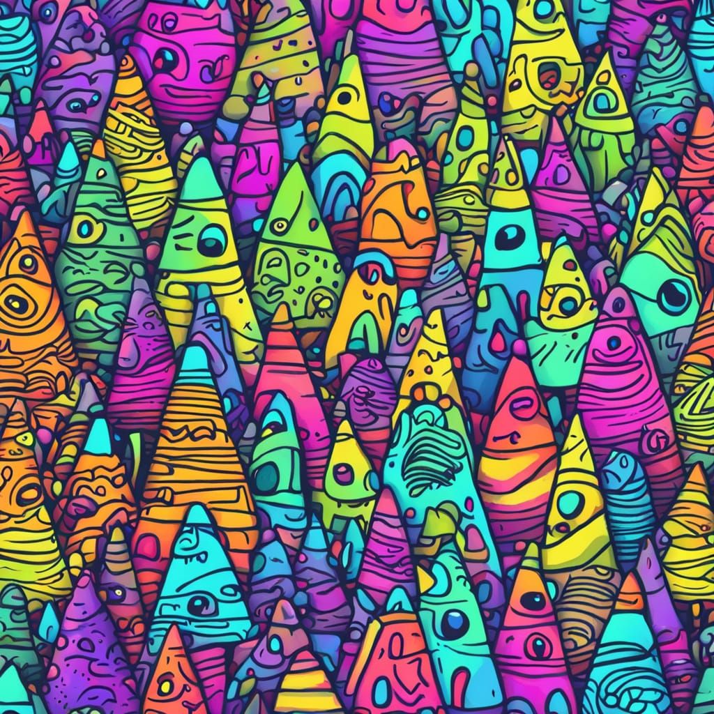 Whimsical Cone Being with Doodle Patterns in Neon Chalk Styl...