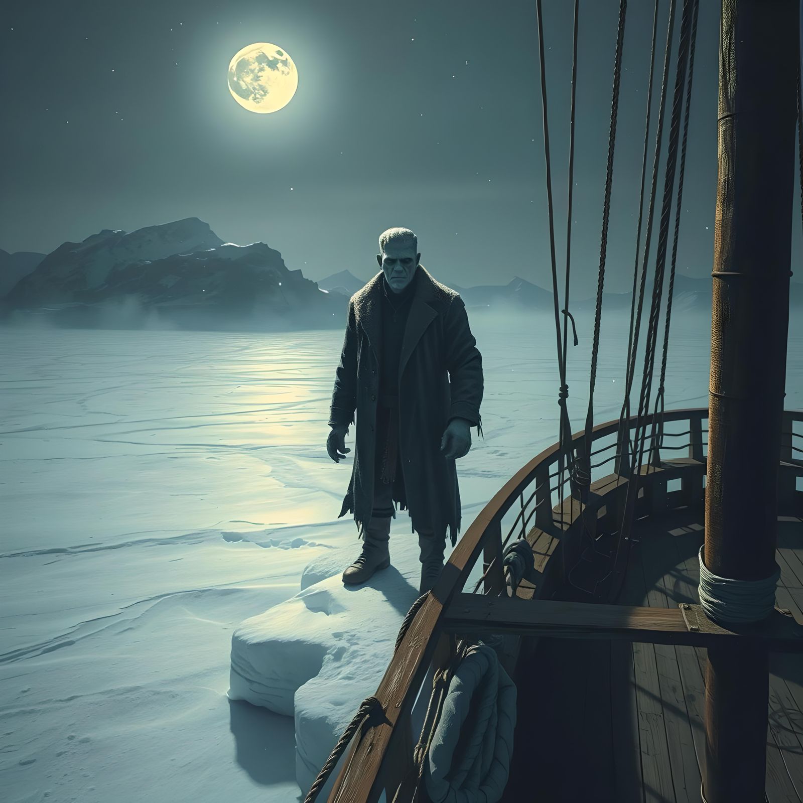 Frankenstein's Monster on Frozen Ice Under Moonlight