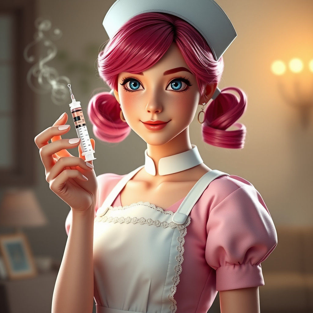 Beautiful Nurse Joy with Syringe in Dreamlike 3D Rendering