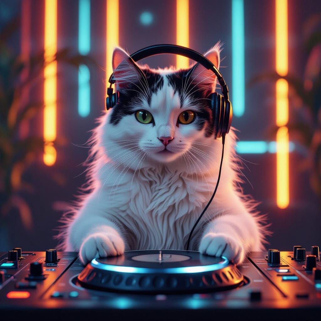 Cats DJing on Neon Dance Floor