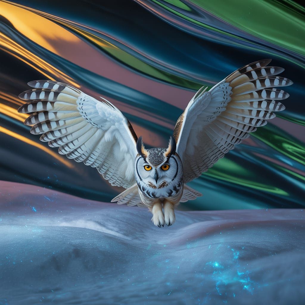 Majestic White Owl Flies on Surreal Snowy Night