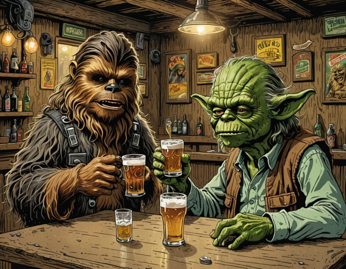 Yoda and Chewy enjoying a brew