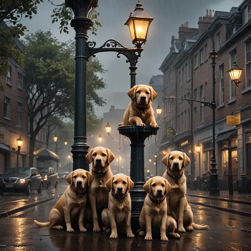 Labrador Puppies Seek Shelter: A Fantastical Digital Paintin...