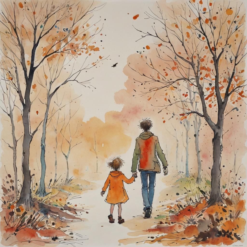 Autumn Walk Illustration in Quentin Blake Style