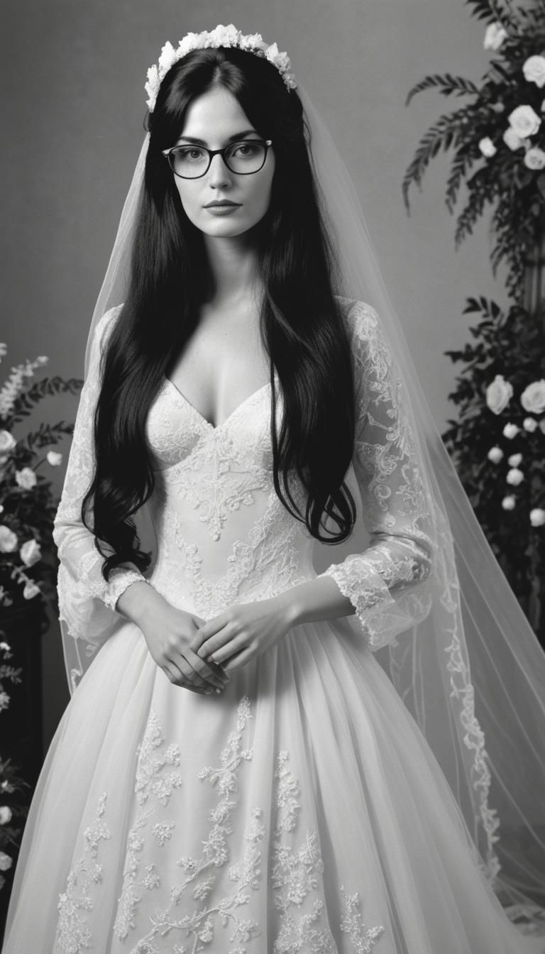 Woman in 1980s Wedding Dress, Black and White