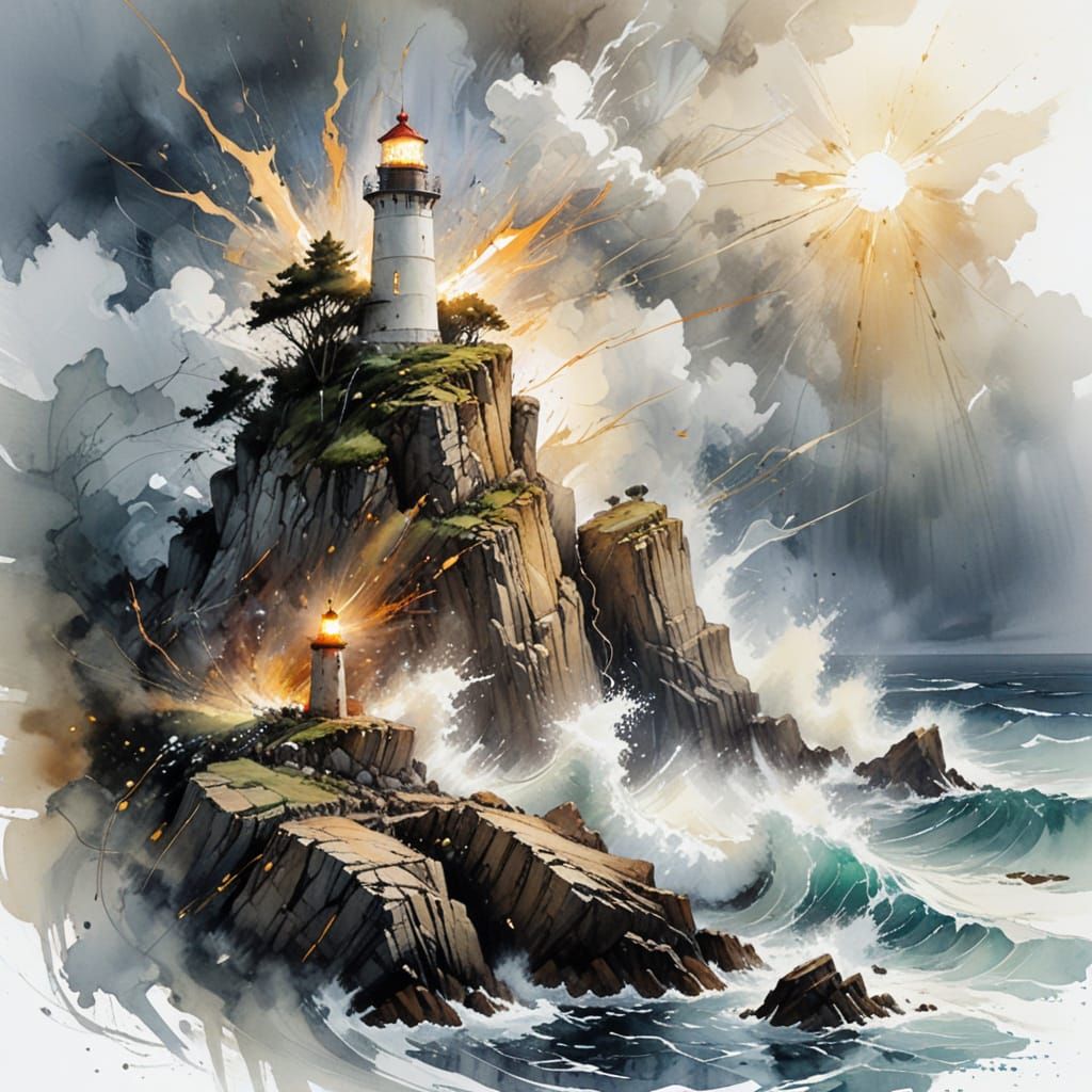 Lighthouse in Ocean Storm: Watercolour Painting