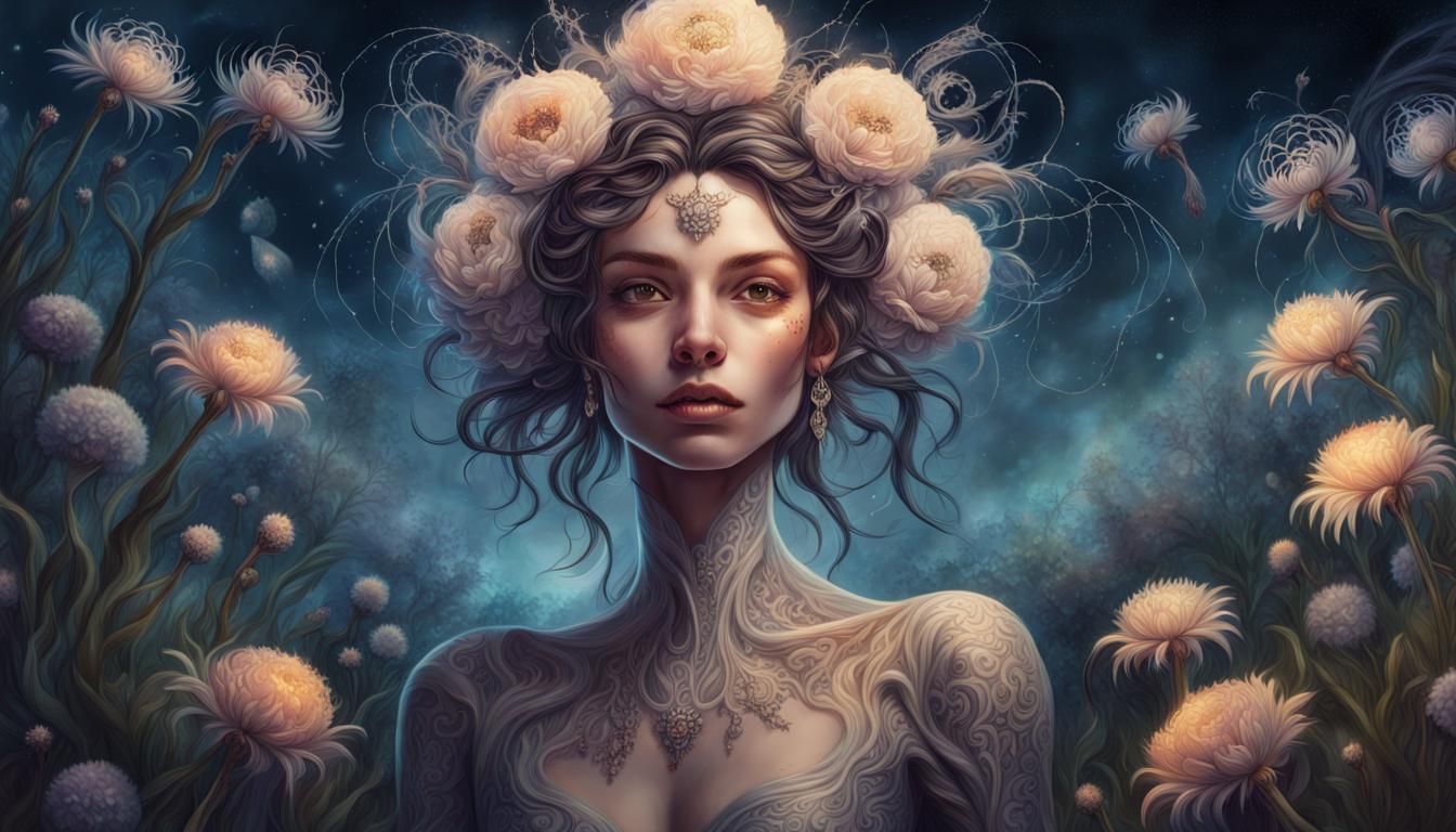 Fantasy Spider Woman Portrait in Moonlit Meadow