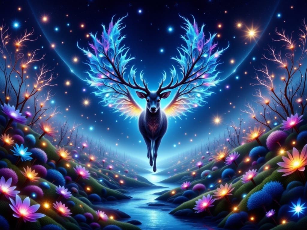 Mythical Winged Deer Stag Soars Through Enchanted Night Sky