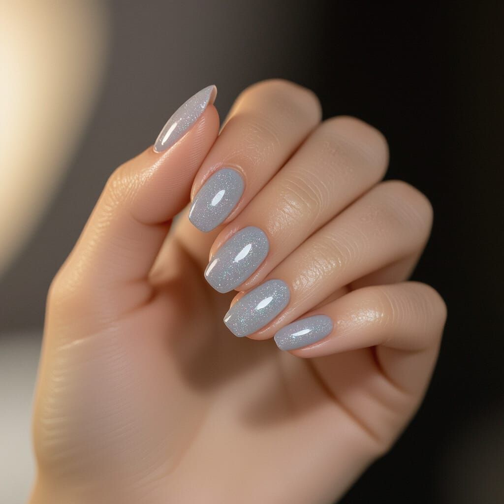 Elegant Manicured Hands with Pastel Gray Polish