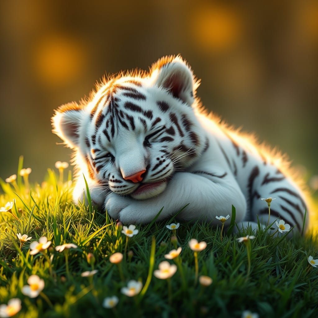 Whimsical White Tiger Cub on Emerald Hillside