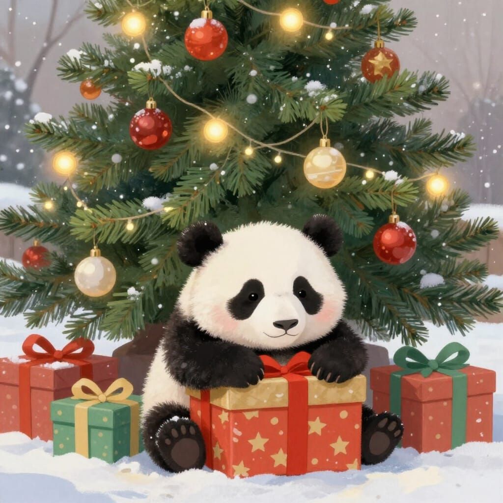 Adorable Baby Panda Peeking From Gift Box Under Christmas Tr...