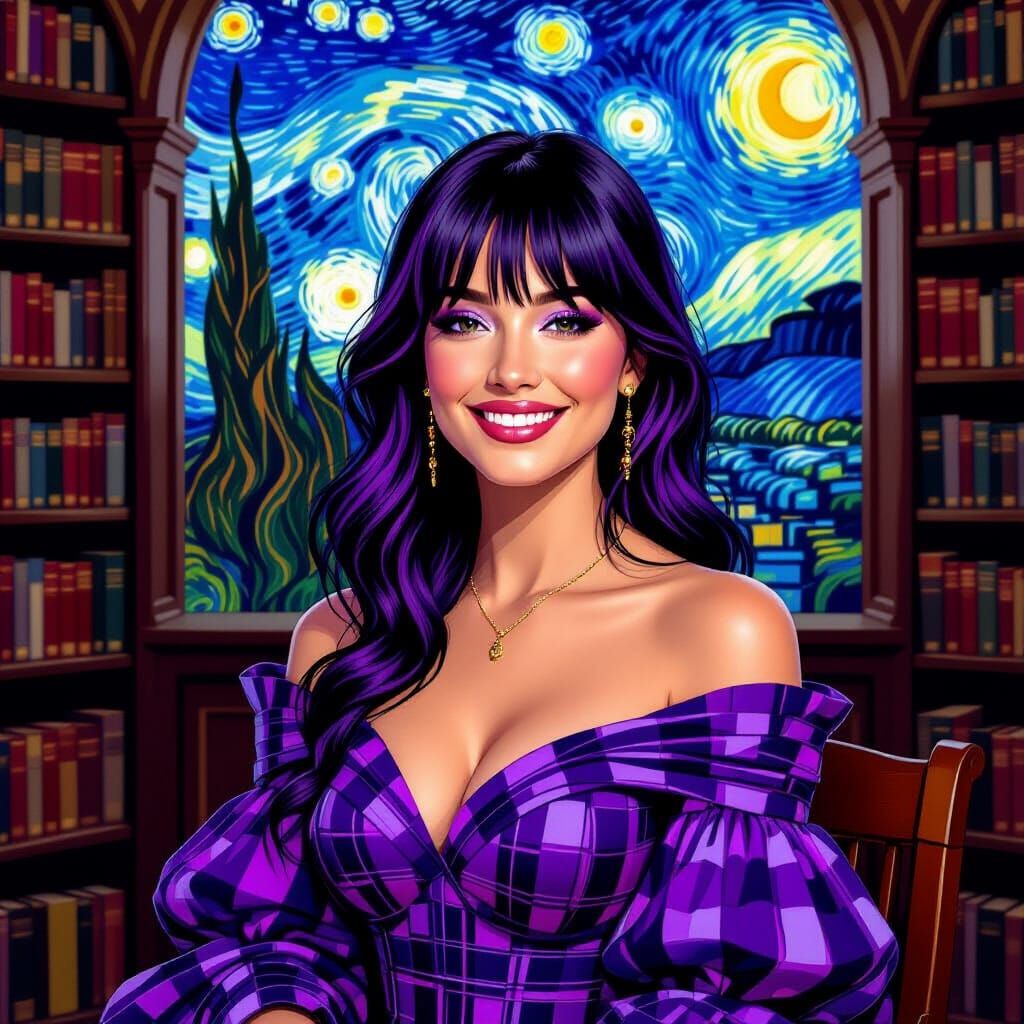 Woman in Library, Van Gogh Style