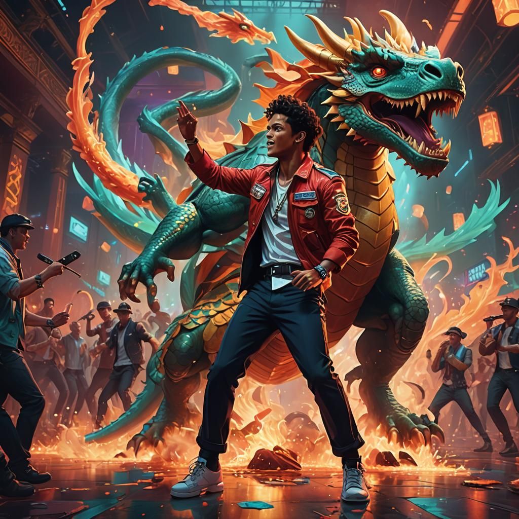 Bruno Mars and Dragon Concert in Art Nouveau Style