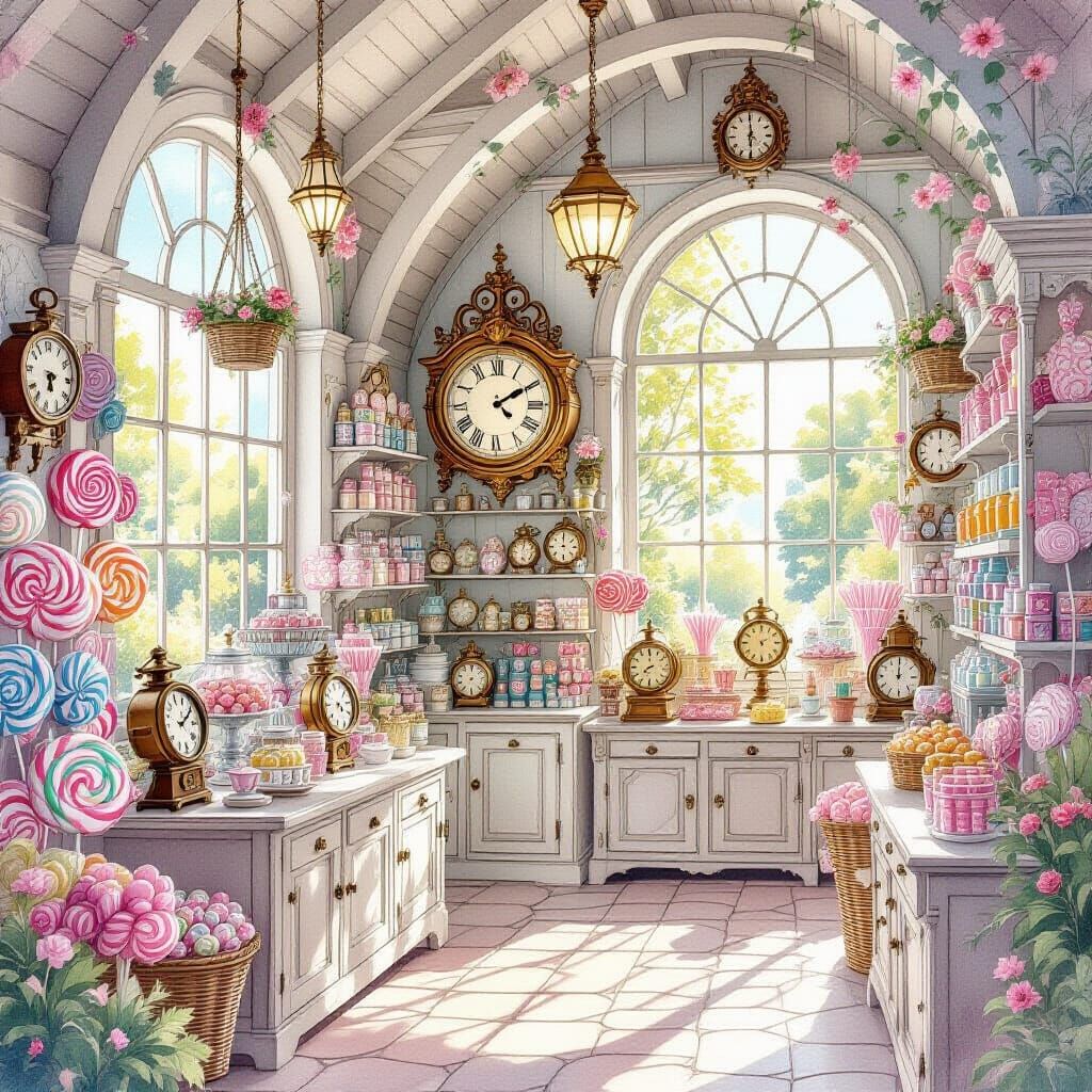 Whimsical Clock Shop in Candy Forest, Watercolor Art