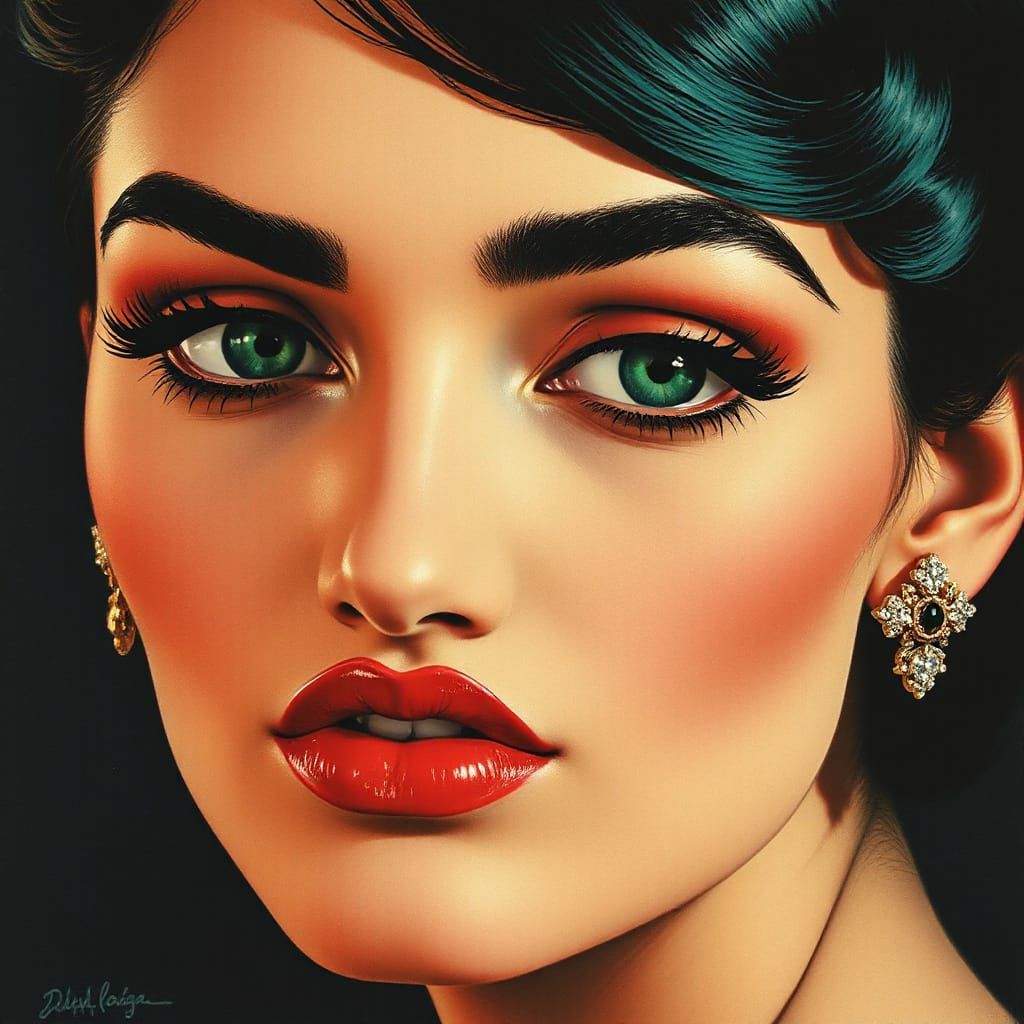 Noir Elegance: Woman with Emerald Eyes in Vargas Style