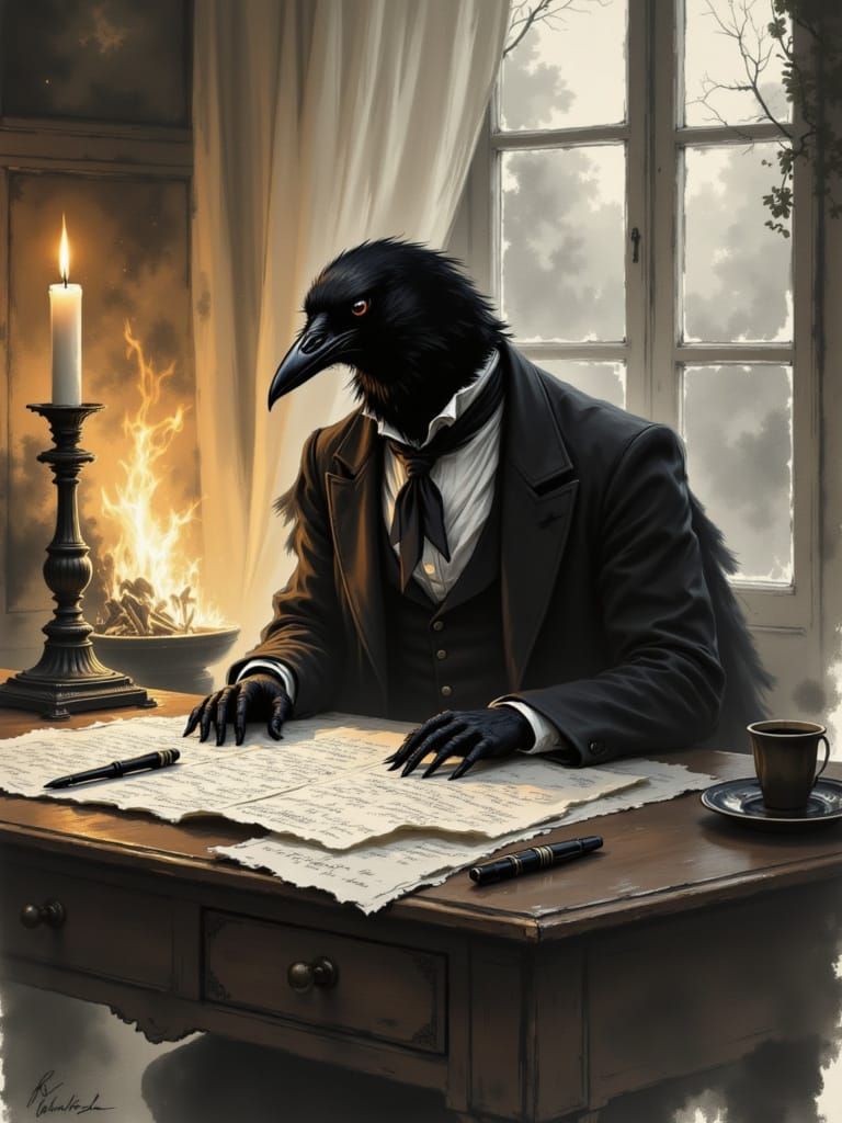 Raven in Formal Attire, Japanese Ink Brush Style