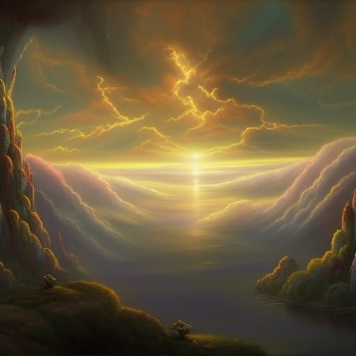 Radiant Tree in Clouds: A Dark Fantasy Masterpiece