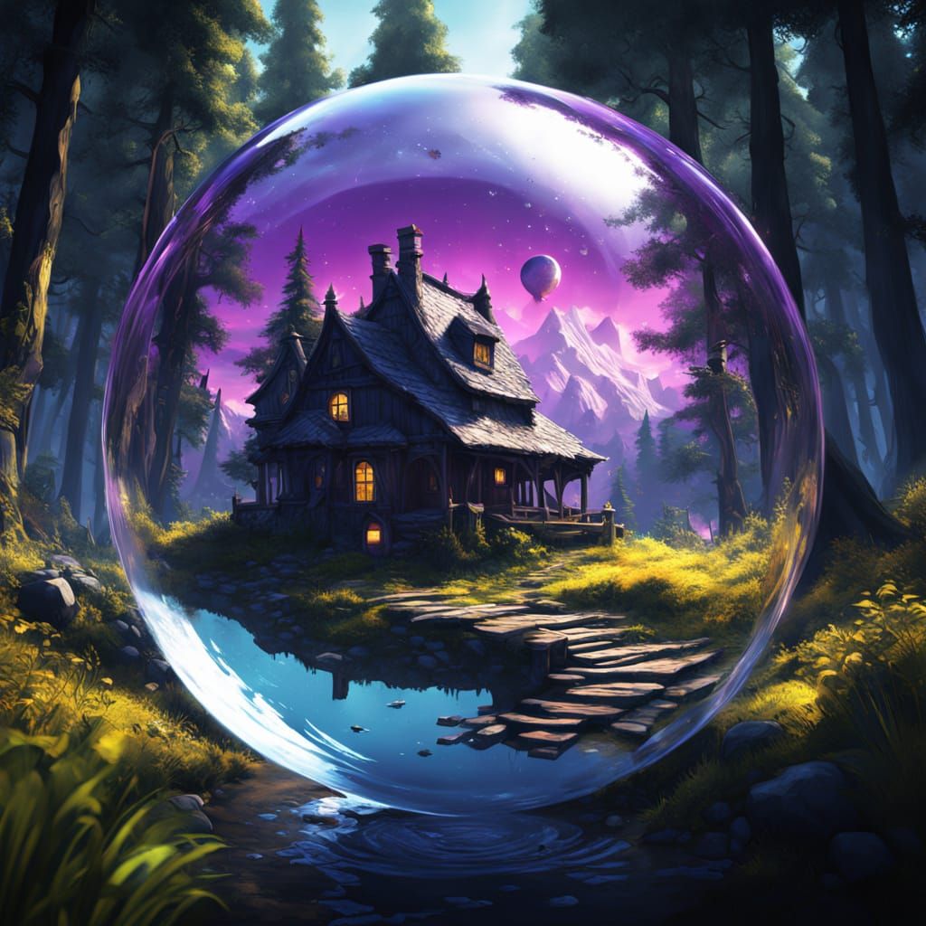 Village in Water Bubble Flies Through Forest