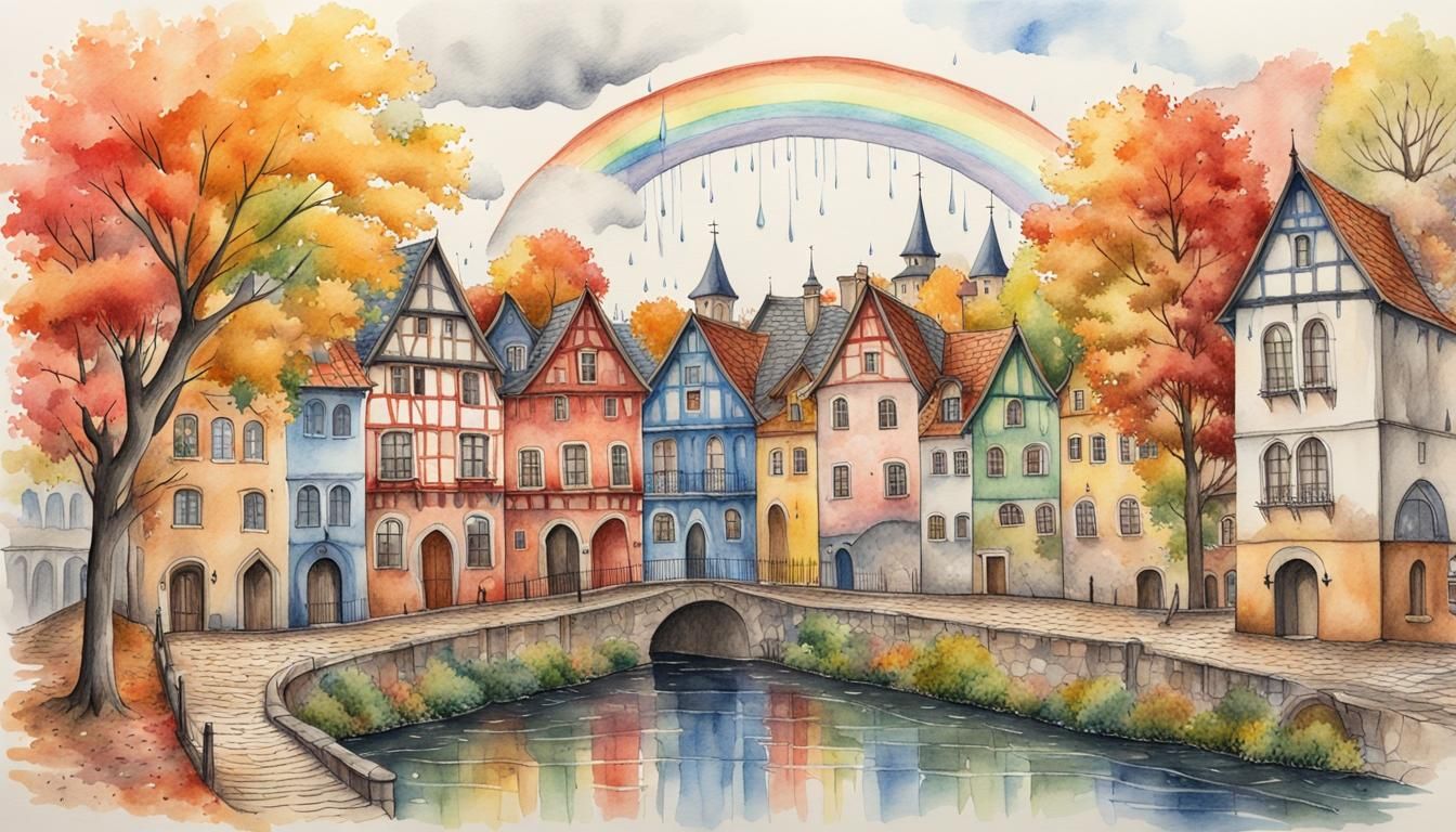Medieval Townhouses with Rainbow in Watercolor Painting