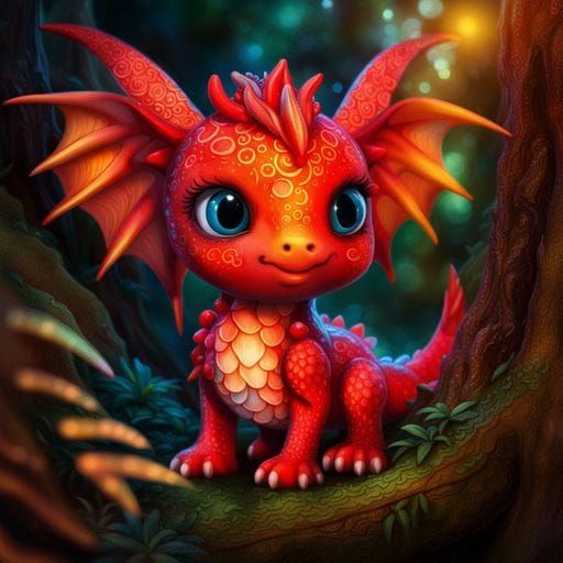 Adorable Red Dragon in Magical Forest