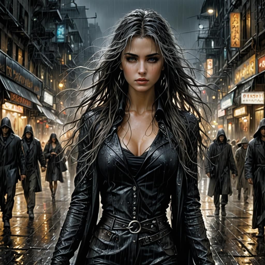Woman in Rainy Cityscape by Luis Royo