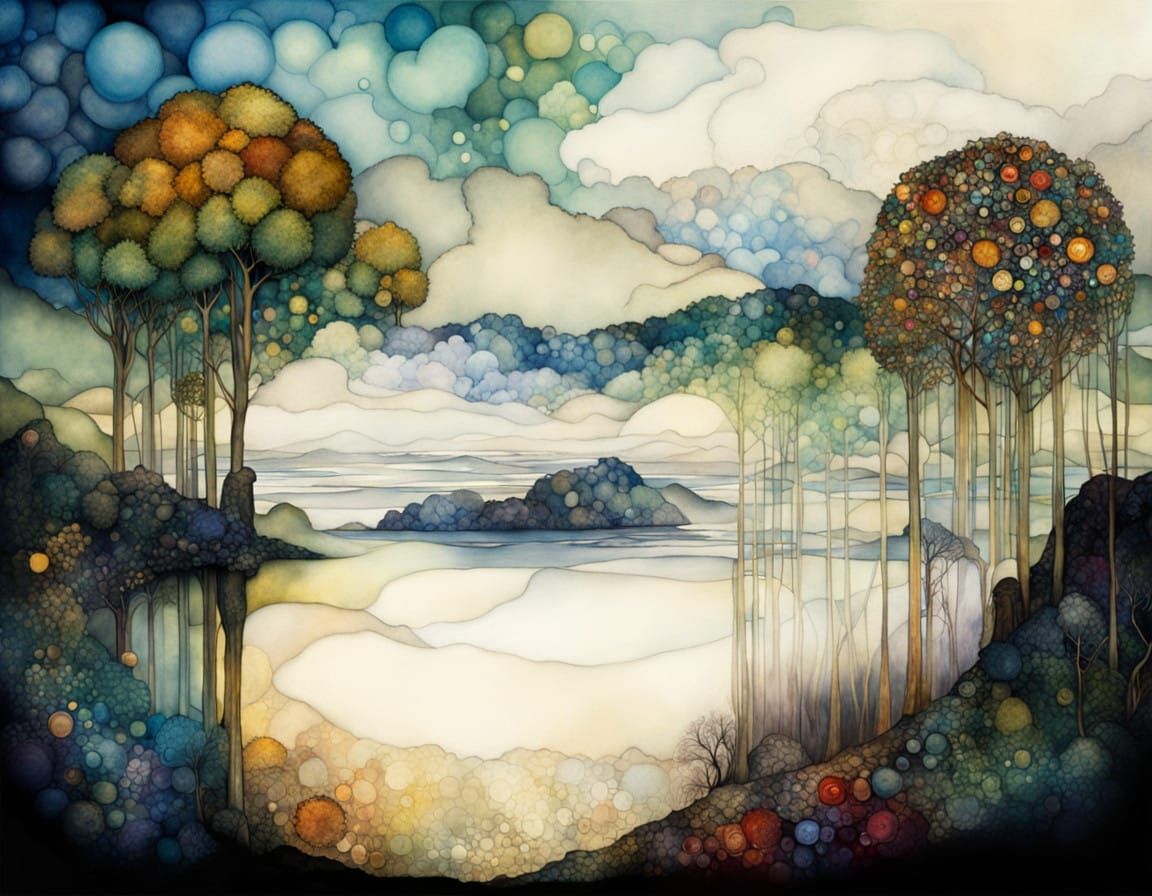 Gustav Klimt-Inspired Night Scene in Iridescent Silk Texture