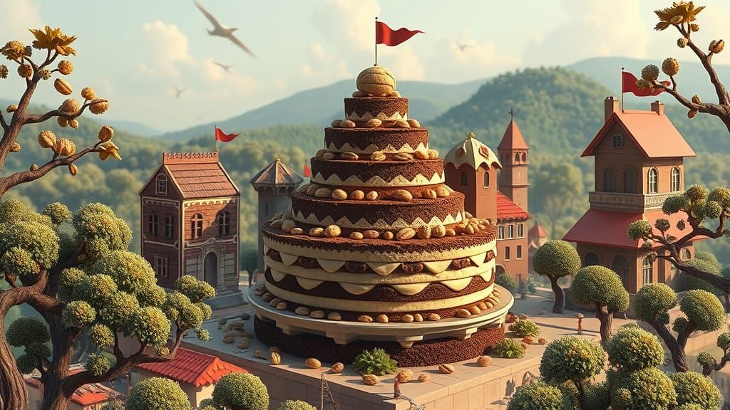 Whimsical Cake City Art in Hyperrealistic Style