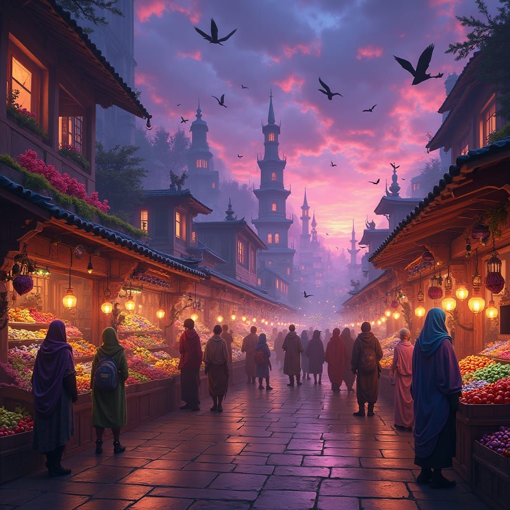 Magical Twilight Marketplace with Fantasy Characters
