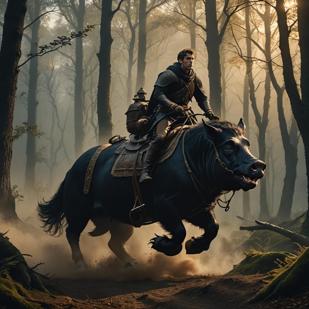 Medieval Rider on Giant Pig in Misty Forest